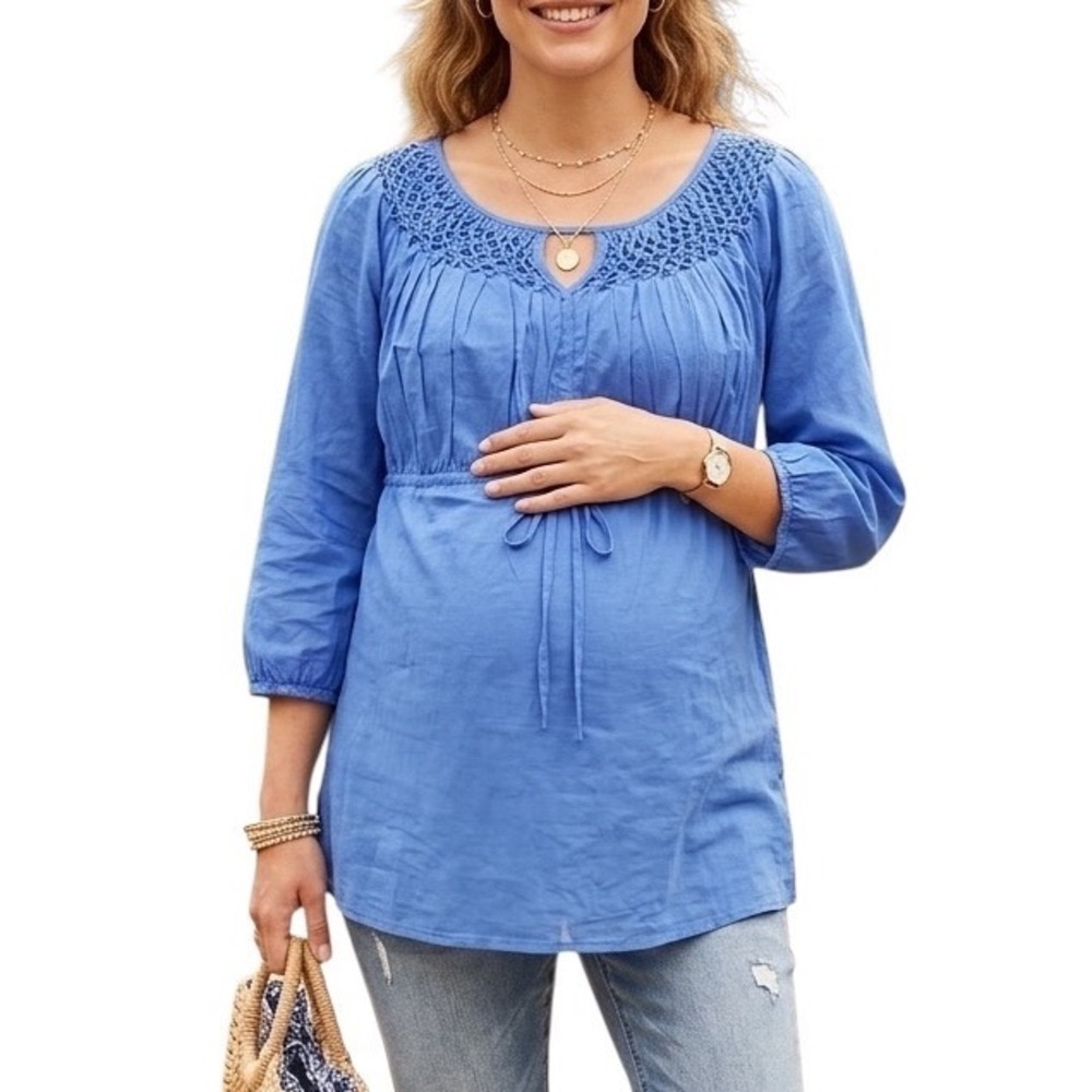 Liz Lange Maternity Blue Cotton Lightweight Smocked Tunic Top Medium Boho 3/4